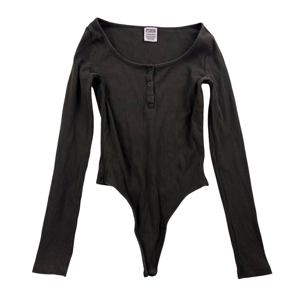 Victoria's Secret PINK Ribbed Henley Bodysuit Long Sleeve Thong Dark Olive XS